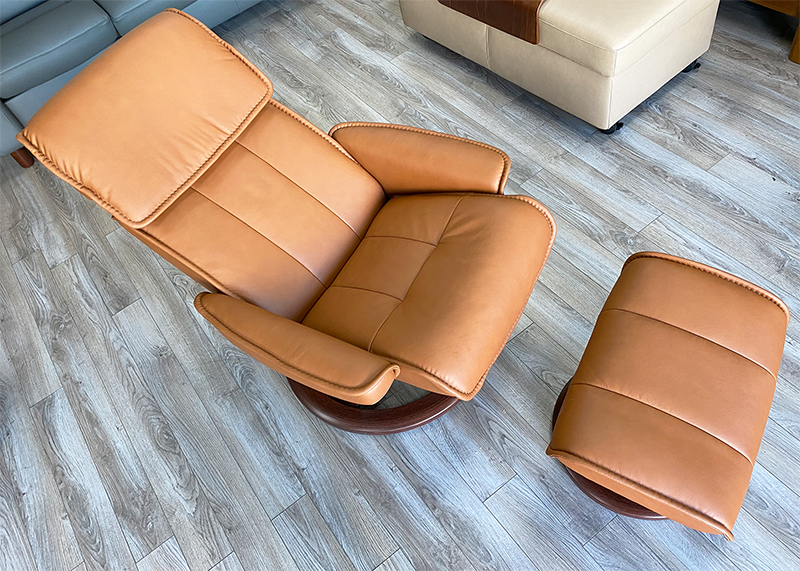 Stressless Admiral Recliner in New Cognac Paloma Leather and Brown Wood Stain Base