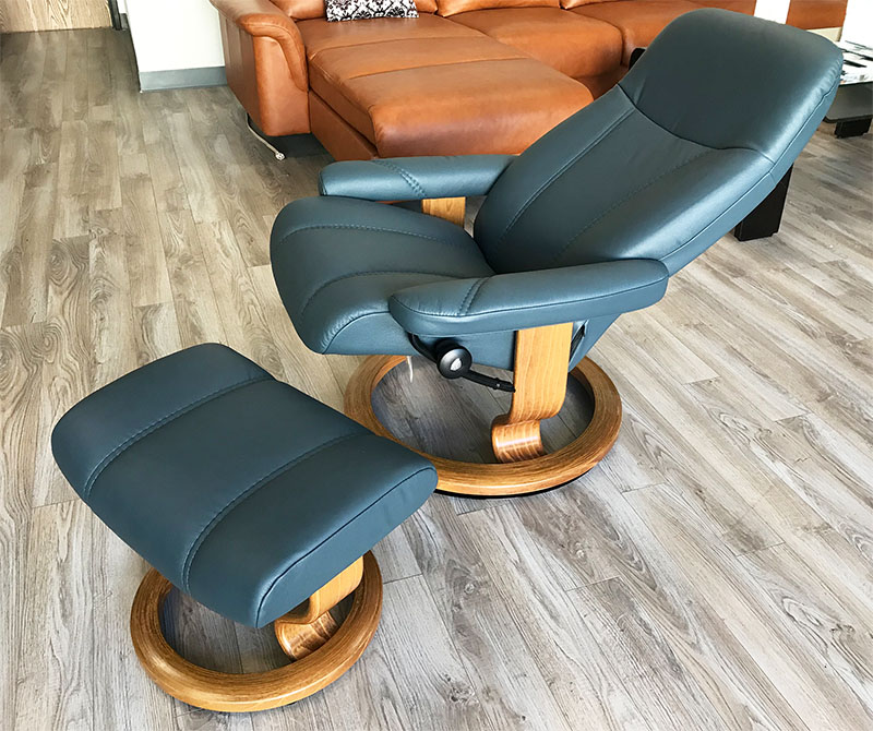 Stressless Consul Recliner Chair and Ottoman Batick Atlantic Blue Leather by Ekornes