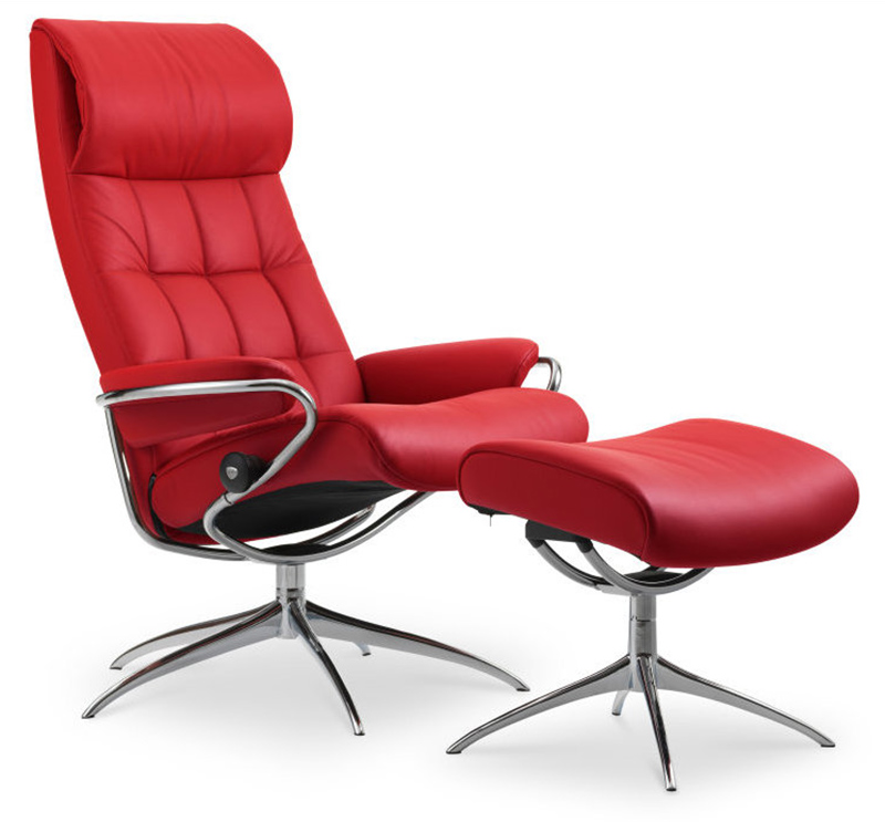 Stressless London High Back Recliner Chair and Ottoman in Paloma Chilli Red Leather 