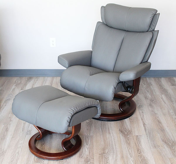 Stressless Magic Paloma Metal Grey Color Leather Recliner and Ottoman