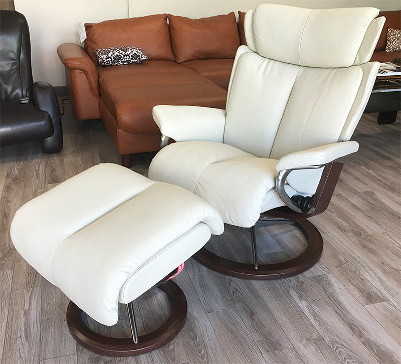 Stressless Magic Signature Base Paloma Light Grey Leather Recliner and Ottoman