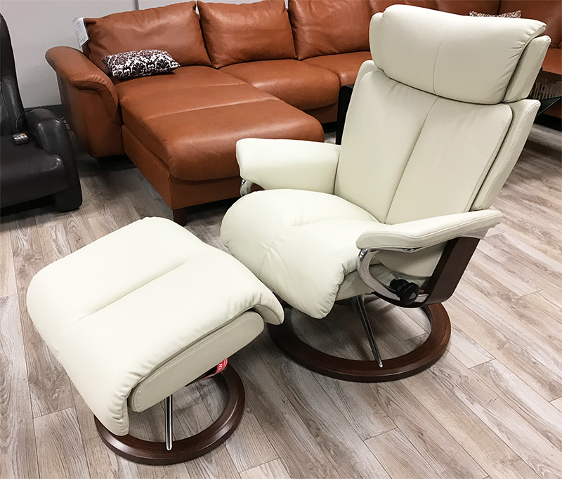 Stressless Magic Signature Base Paloma Light Grey Leather Recliner and Ottoman