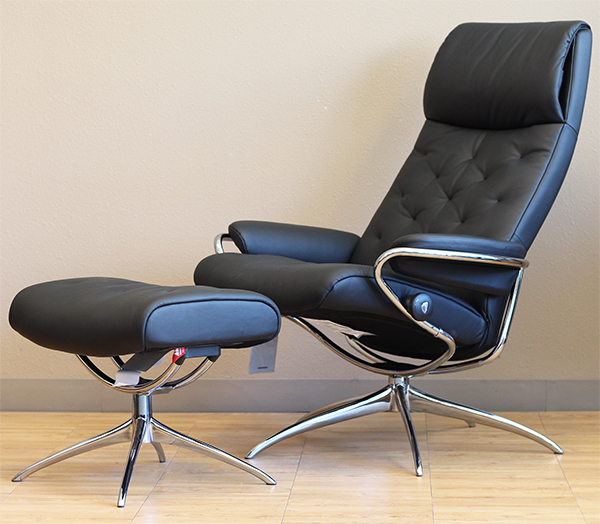 Stressless Metro High Back Black Paloma Leather Recliner Chair and Ottoman by Ekornes