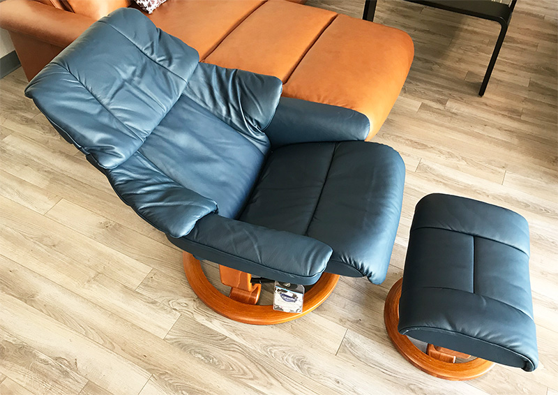 Stressless Reno Paloma Oxford Blue Leather Recliner Chair and Ottoman with Cherry Wood Stain by Ekornes
