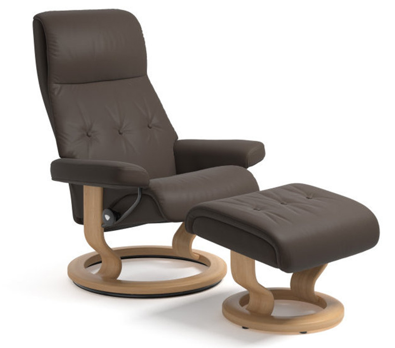 Stressless Sky Classic Paloma Chocolate Brown Leather Recliner Chair and Ottoman by Ekornes