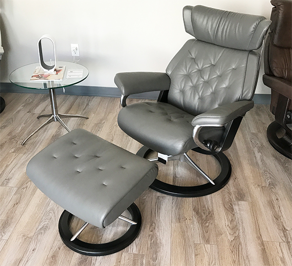 Stressless Skyline Recliner Chair and Ottoman in Paloma Metal Grey Leather