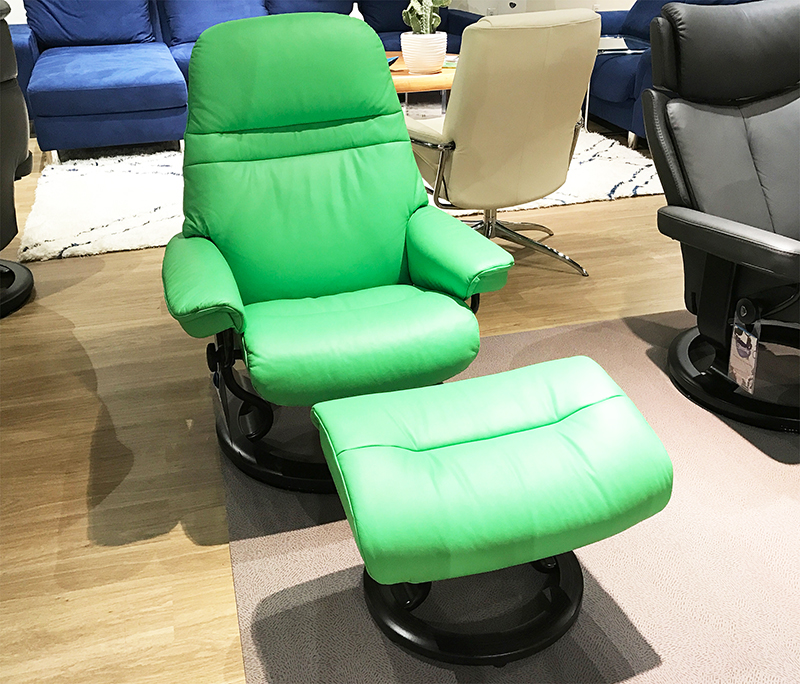 Stressless Sunrise Paloma Summer Green Color Leather Recliner Chair and Ottoman