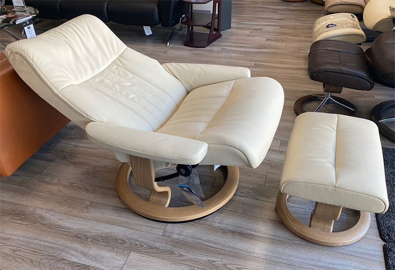Stressless Crown Classic Base Paloma Vanilla Leather Recliner Chair and Ottoman by Ekornes