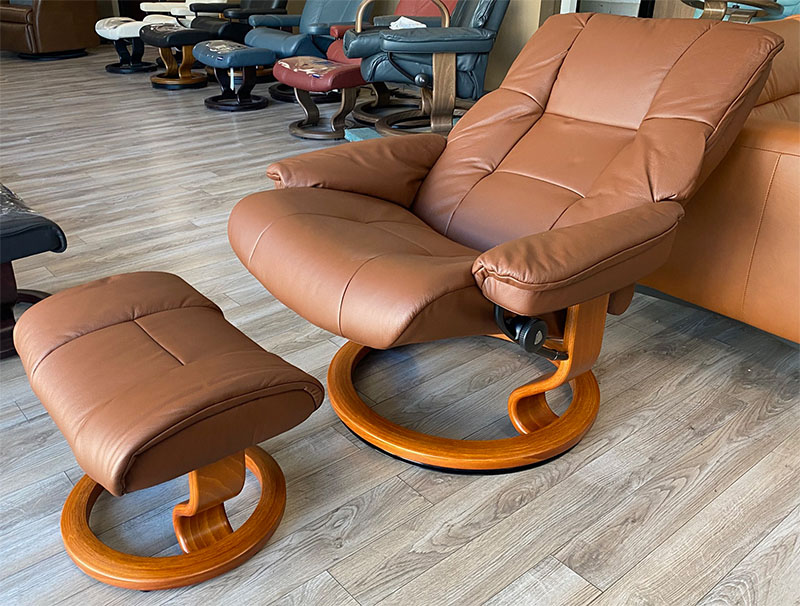 Stressless Mayfair Classic Base Batick Malt Brown Leather Recliner Chair and Ottoman by Ekornes