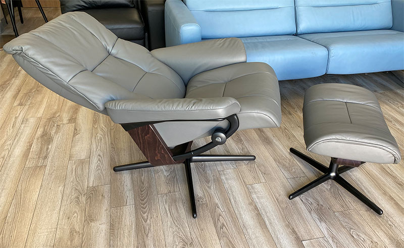 Stressless Mayfair Cross Matte  Black Base with Paloma Metal Grey Leather  Recliner Chair and Ottoman - Brown Wood Stain Base