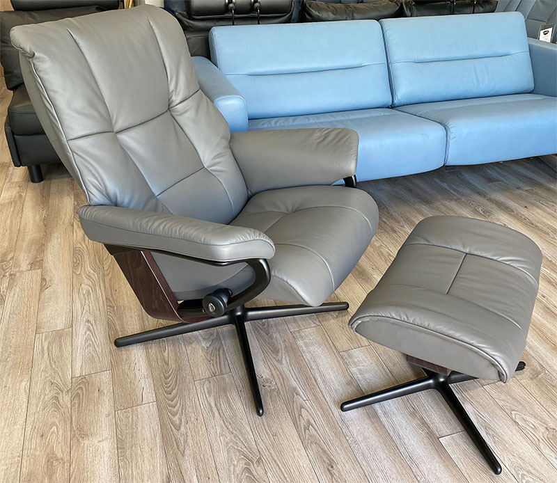 Stressless Mayfair Cross Matte  Black Base with Paloma Metal Grey Leather  Recliner Chair and Ottoman - Brown Wood Stain Base