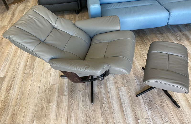 Stressless Mayfair Cross Matte  Black Base with Paloma Metal Grey Leather  Recliner Chair and Ottoman - Brown Wood Stain Base