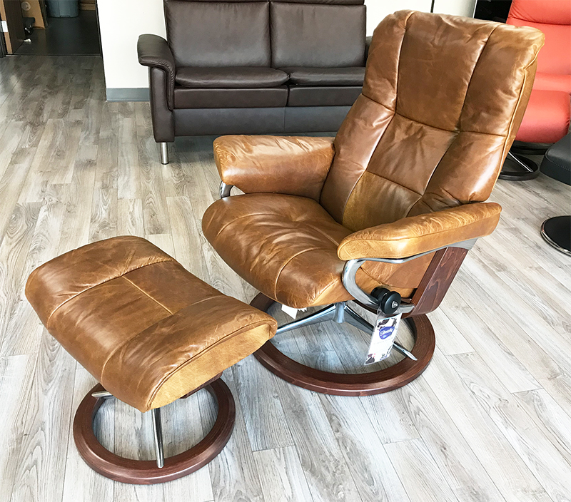 Stressless Mayfair Pioneer Olive Brown Leather Recliner Chair and Ottoman by Ekornes