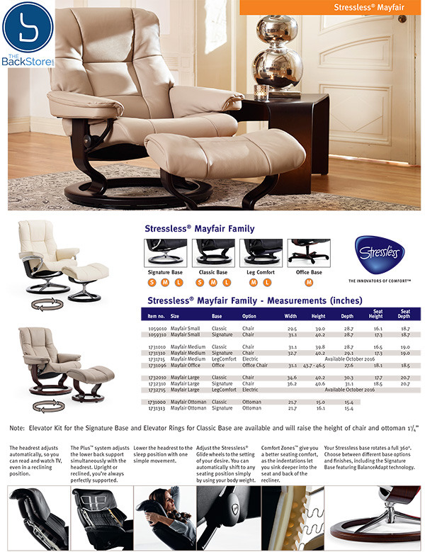 Stressless Mayfair Paloma Pearl Leather Recliner Chair and Ottoman Measurements by Ekornes