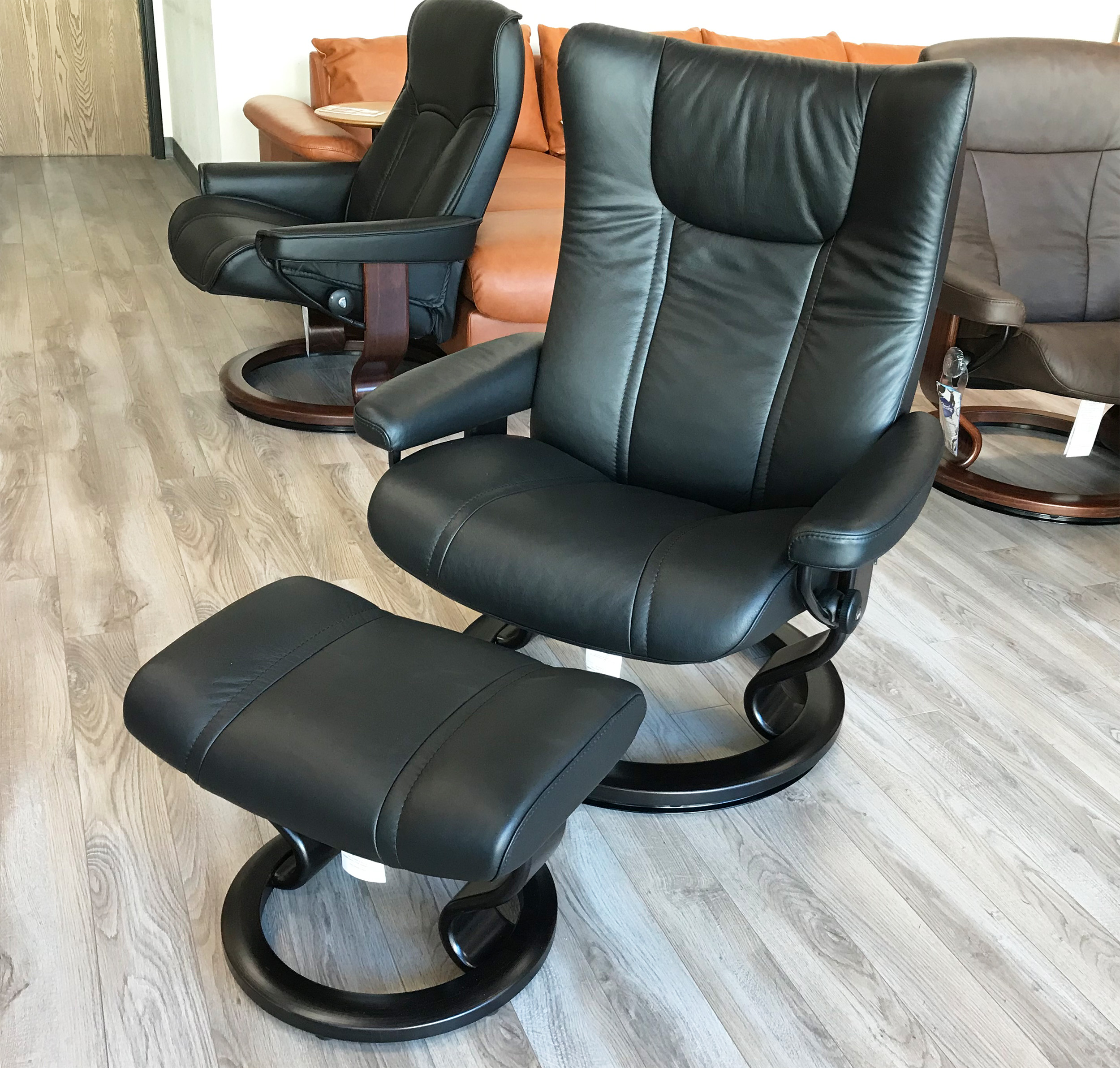 Stressless Wing Paloma Black Leather Recliner Chair And Ottoman By