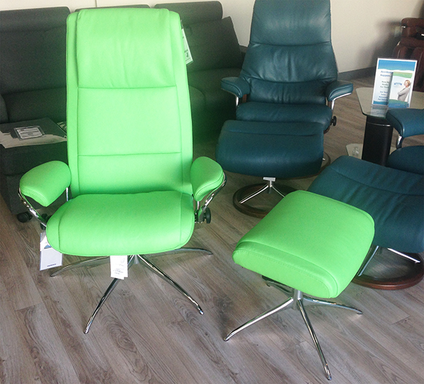 Stressless Paris Paloma Summer Green Leather Recliner Chair and Ottoman