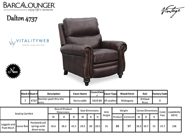 Barcalounger Dalton 4737 Leather Recliner Chair Dimensions