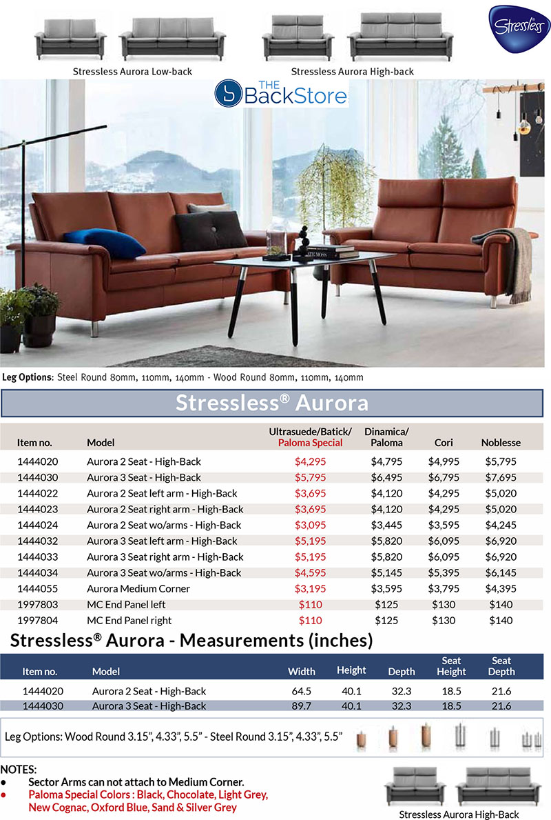 Stressless Aurora Leather Sofa, Loveseat and Sectional Price and Dimensions by Ekornes