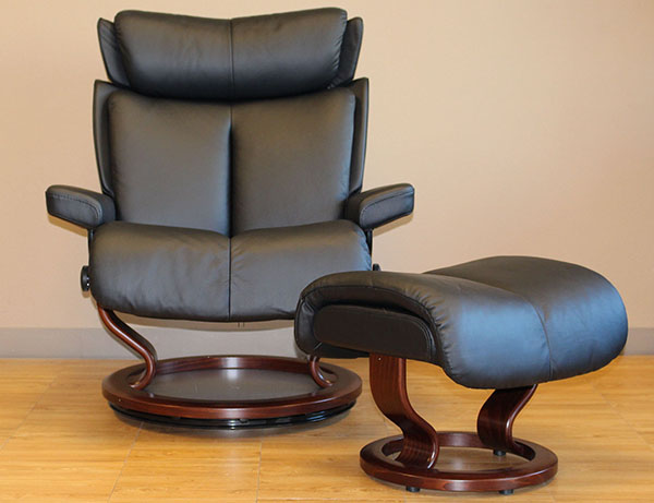 Stressless Magic Paloma Black Leather  Recliner and Ottoman