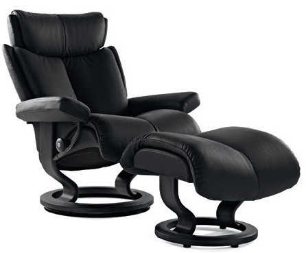 Stressless Magic Leather Classic Wood Base Recliner Chair and Ottoman