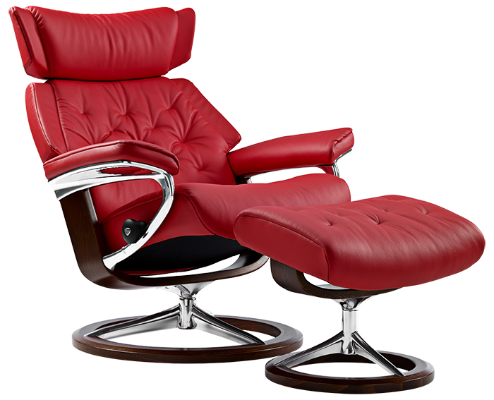 Stressless Skyline Medium Tomato Leather Recliner Chair and Ottoman by Ekornes