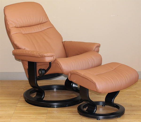 Stressless Sunrise Classic Palm Brown Color Leather Recliner Chair and Ottoman