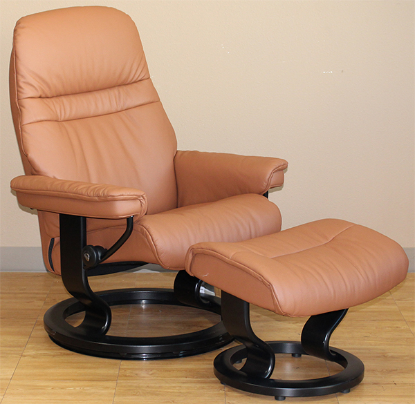 Stressless Sunrise Classic Palm Brown Color Leather Recliner and Ottoman