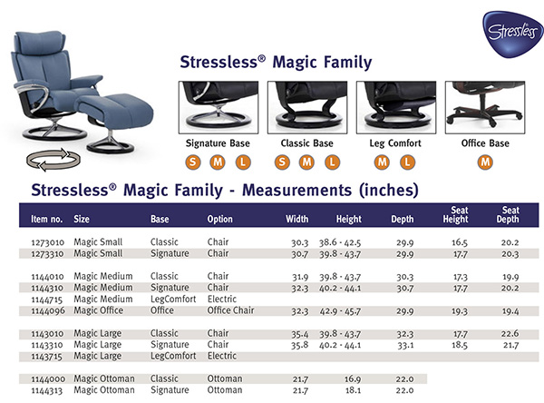 Stressless Magic Signature Chrome Wood Base Recliner Chair and Ottoman Size Dimensions