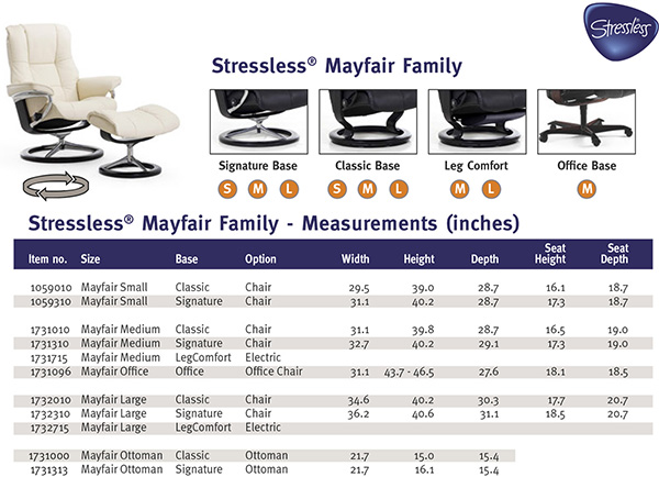 Stressless Mayfair Recliner Chair and Ottoman Size Dimensions