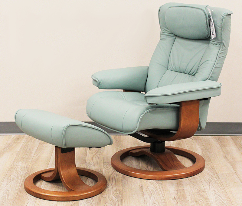 Fjords Regent Seagreen Soft Line Leather Recliner Chair and Ottoman