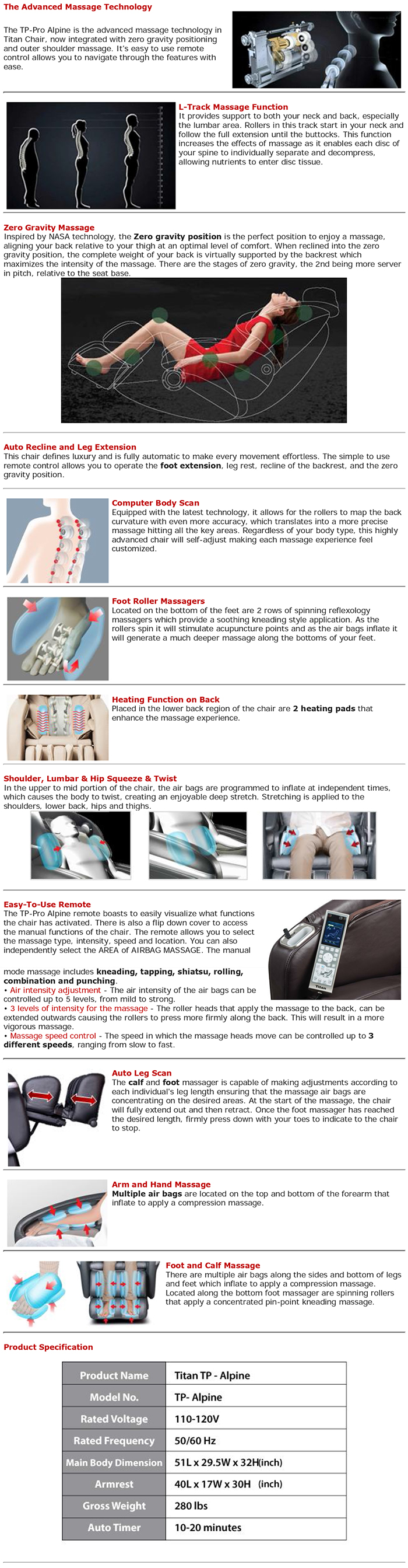 Titan TP Pro Alpine Zero Gravity Zero Gravity Massage Chair Recliner Specifications