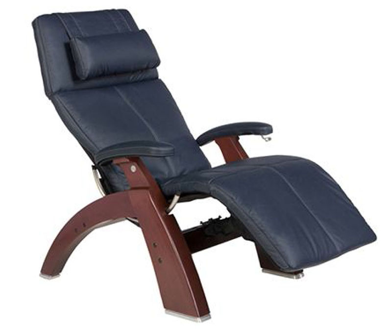 Navy Blue Top Grain Leather Chestnut Wood Base Series 2 Classic Perfect Chair Zero Gravity Power Recliner by Human Touch