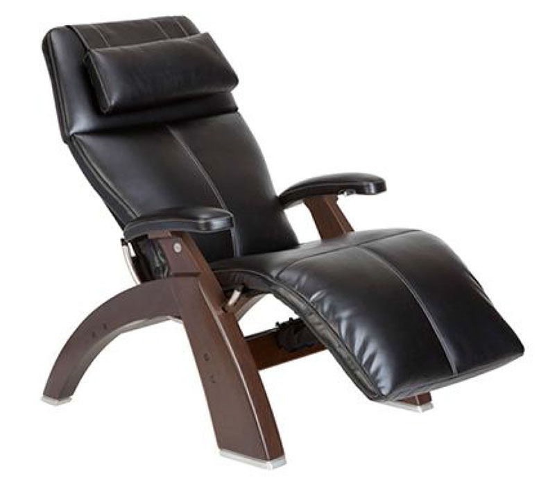 Black Top Grain Leather Dark Walnut Wood Base Series 2 Classic PC-610 Power Omni-Motion Perfect Chair Zero Gravity Power Recliner by Human Touch