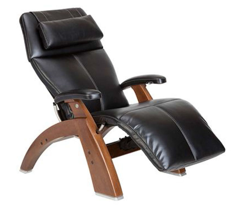 Black Top Grain Leather with a Walnut Wood Base Series 2 Classic PC-600 Power Silhouette Omni-Motion Perfect Chair Zero Gravity Power Recliner by Human Touch