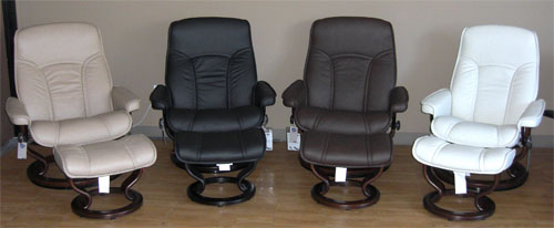 Stressless Paloma Sand, Black, Chocolate and Light Grey Recliner and Ottoman
