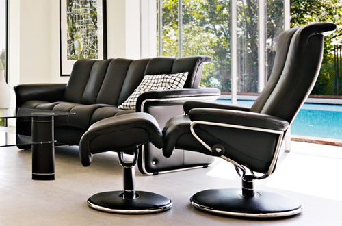 Stressless Blues Black Leather Recliner and Ottoman by Ekornes