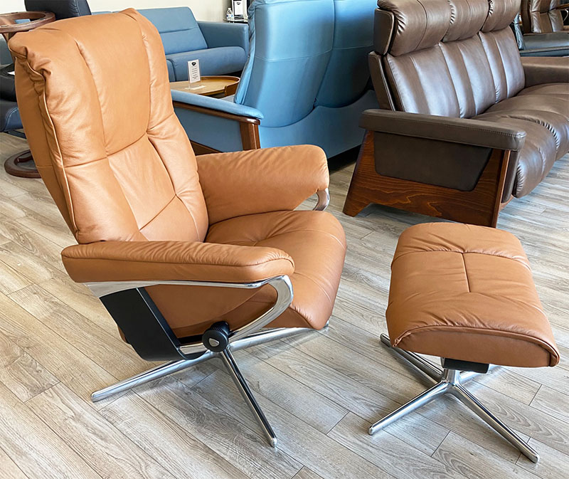 Stressless Mayfair Cross Polished Aluminum Base Paloma Copper Leather Recliner Chair by Ekornes