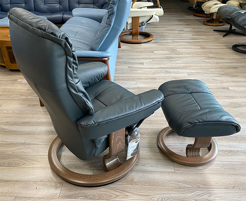 Stressless Mayfair Classic Base Paloma Shadow Blue Leather Recliner Chair and Ottoman with Walnut Wood Base by Ekornes