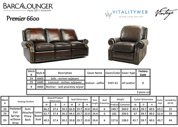 Barcalounger Premier II 6600 Leather Recliner Chair and Sofa Dimensions