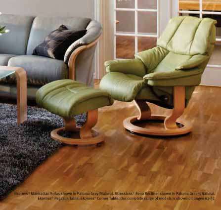 Stressless Paloma Green Reno Leather Color Recliner Chair and Ottoman from Ekornes