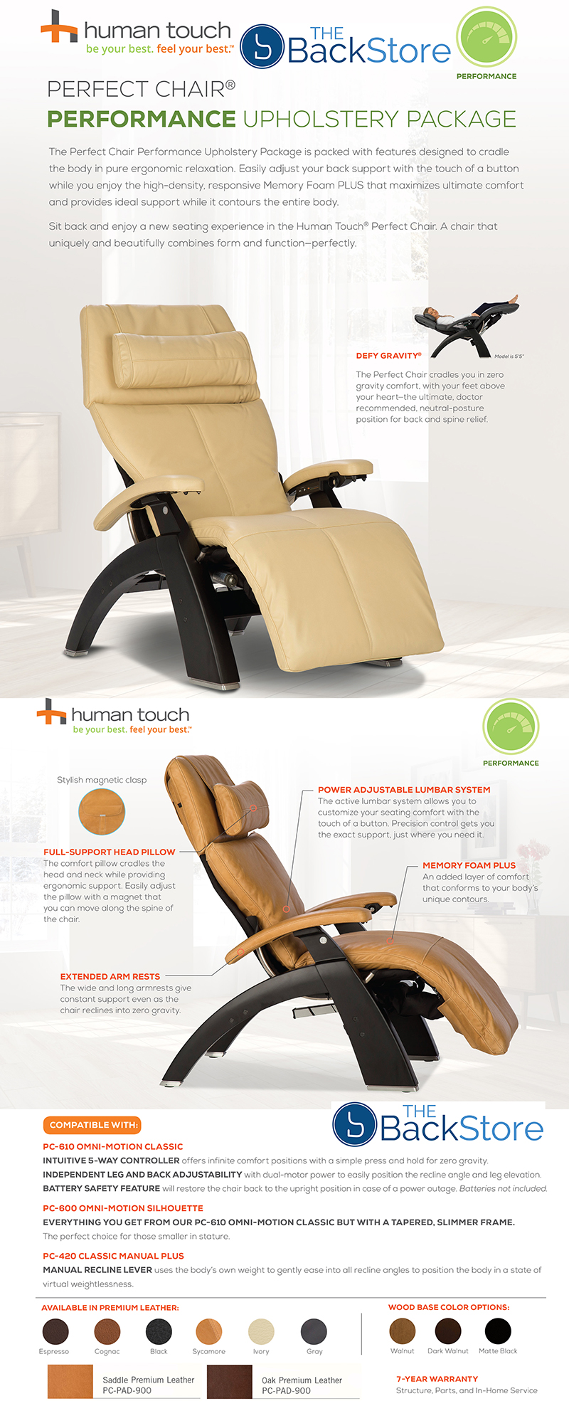 Human Touch Perfect Chair Zero Gravity Recliner with Performance Premium Upholstery Package