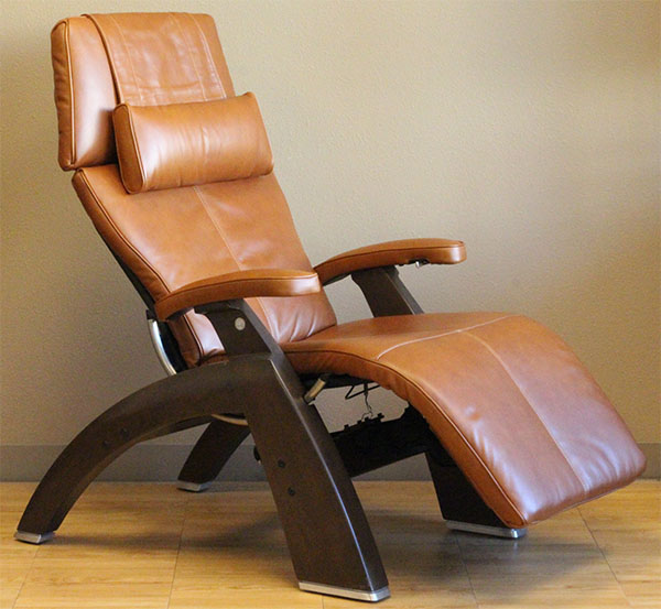 Human Touch Perfect Chair Recliner Cognac Premium Leather with Dark Walnut Wood Base